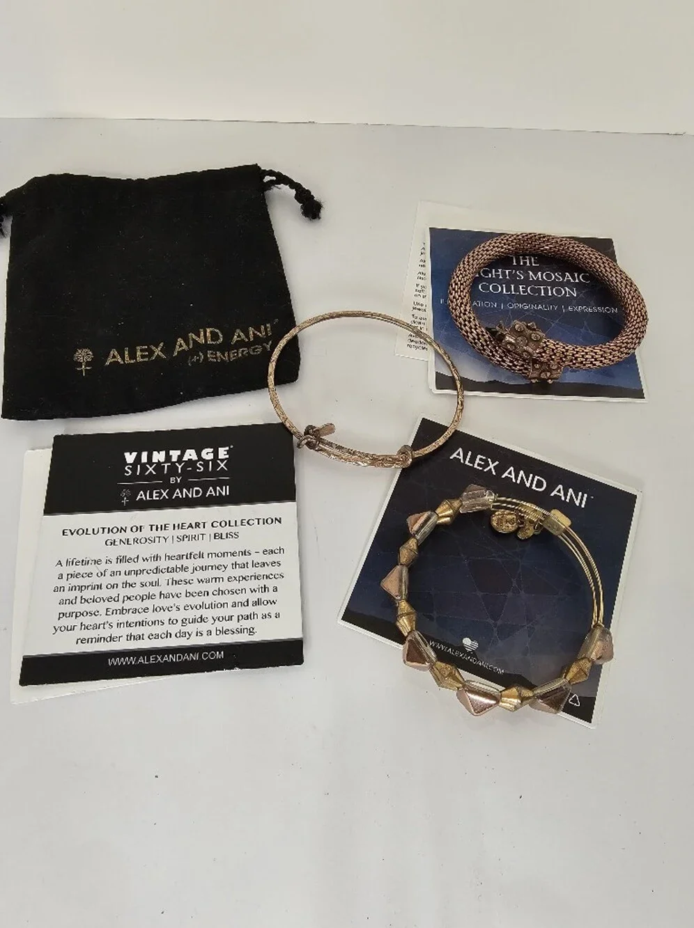 Auth Alex and Ani Rose Gold Tone Set Of 3 Bangle Bracelets Vintage Collection